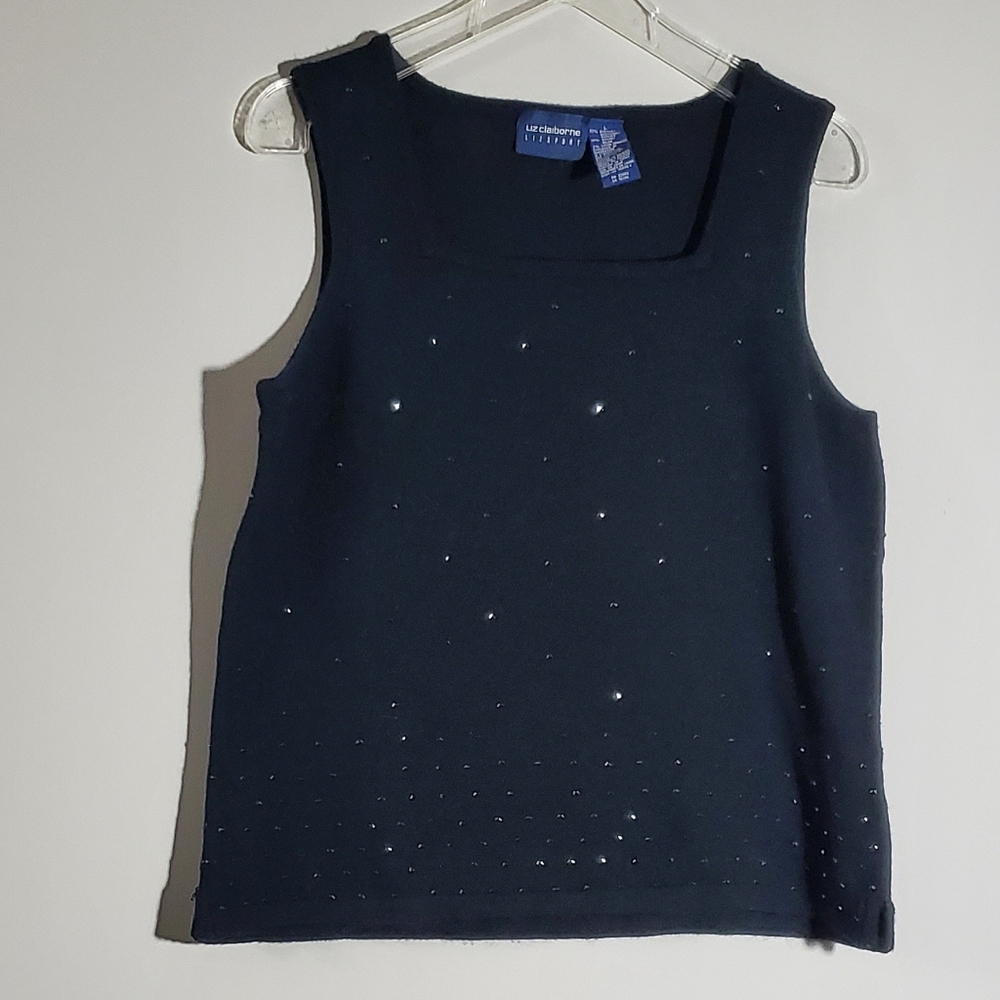 Large Liz Claiborne Lizsport Black Beaded Sleeveless Top Square Neckline